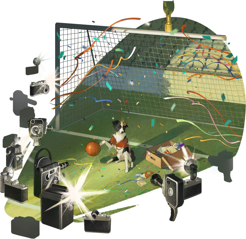 animal_focus ball box camera camera_flash cardboard_box confetti crown dog goal highres jewelry necklace no_humans official_art orange_shirt pickles_(reverse:1999) postcard reverse:1999 shirt soccer_field stadium third-party_source trophy wide_shot
