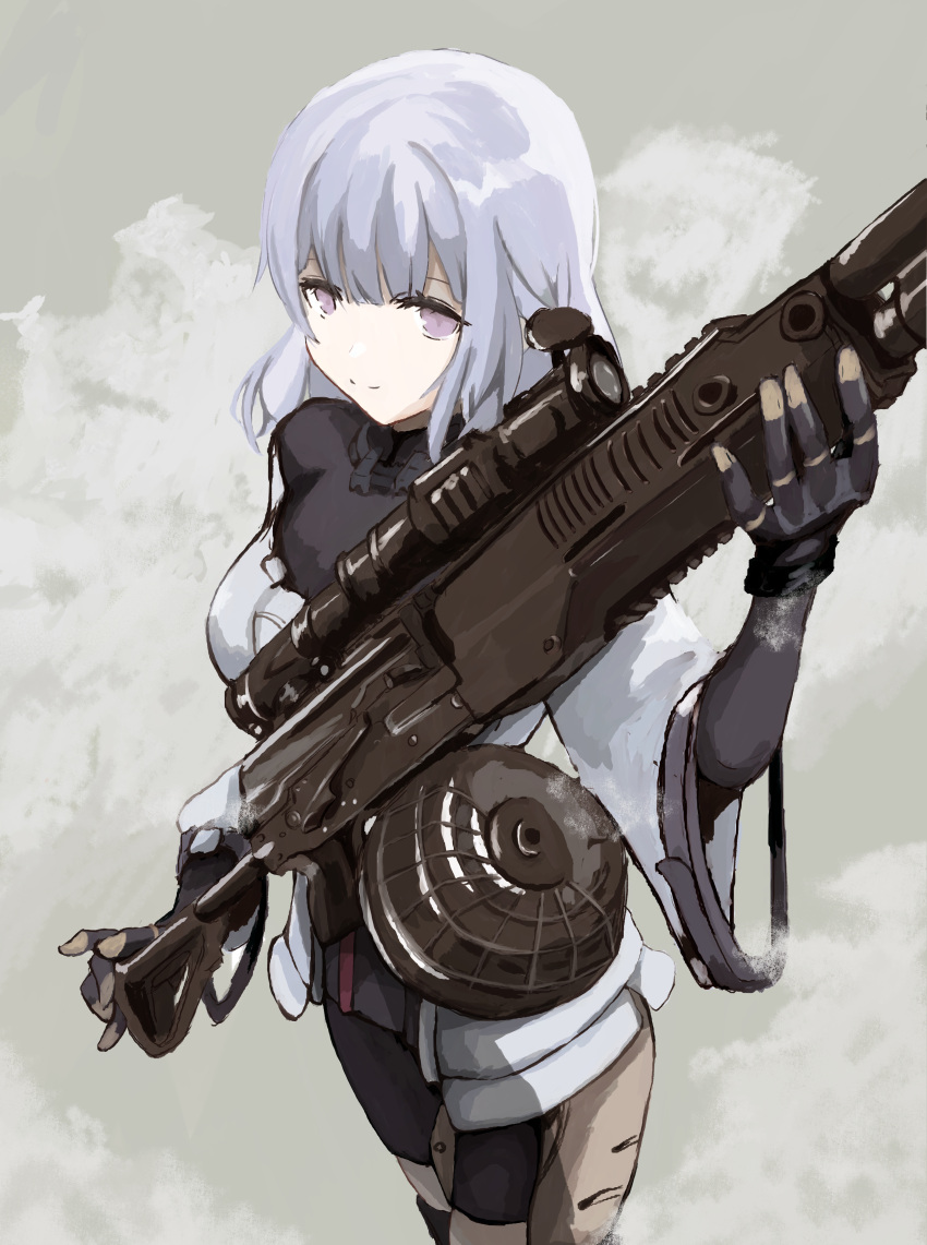 1girl absurdres arm_up black_gloves black_pantyhose black_shirt black_shorts closed_mouth commentary_request elbow_gloves girls_frontline gloves grey_background grey_eyes grey_hair gun highres jacket light_machine_gun long_hair long_sleeves name_connection nisoichi object_namesake off-shoulder_jacket off_shoulder pantyhose pantyhose_under_shorts rpk-16 rpk-16_(girls'_frontline) scope shirt short_shorts shorts simple_background smile solo standing weapon white_jacket wide_sleeves