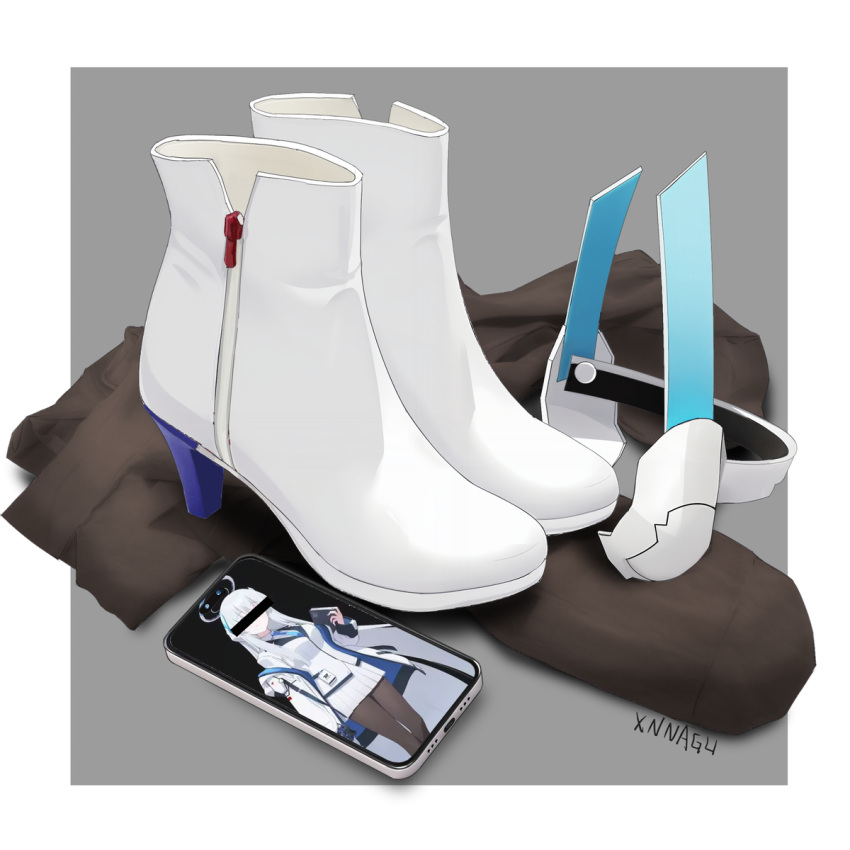 ankle_boots black_pantyhose blue_archive blue_necktie boots commentary_request halo high_heel_boots high_heels highres jacket long_hair long_sleeves mechanical_halo millennium_science_school_logo necktie no_humans noa_(blue_archive) pantyhose phone simple_background suit unworn_boots unworn_pantyhose very_long_hair white_hair white_jacket white_suit xnnagu