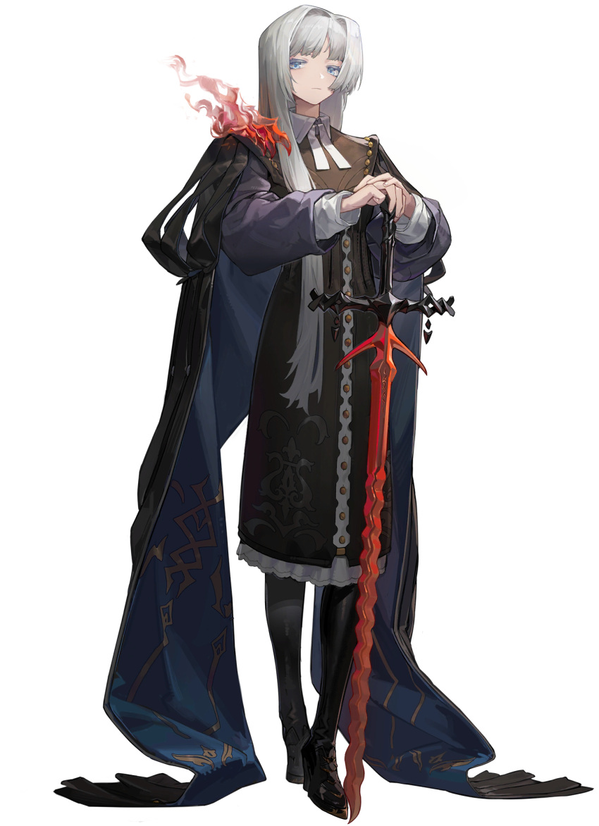 1girl black_cape black_dress black_footwear blue_eyes blue_shirt boots cape closed_mouth dikke dress expressionless fire full_body highres long_hair looking_at_viewer official_art reverse:1999 shirt solo standing sword tachi-e thigh_boots third-party_source transparent_background very_long_hair weapon white_hair zweihander