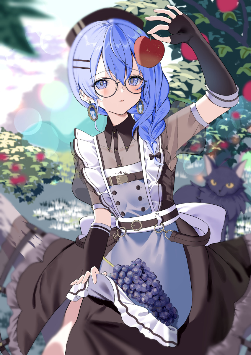 1girl absurdres apple black_bow black_dress black_gloves blue_eyes blue_hair bow braid breasts collared_dress day dress earrings elbow_gloves fingerless_gloves food fruit glasses gloves grapes hair_bow highres holding holding_food holding_fruit hololive hoshimachi_suisei jewelry jinbei_(user_tpny4757) long_hair maid outdoors parted_lips round_eyewear see-through see-through_sleeves short_sleeves single_braid small_breasts smile solo virtual_youtuber