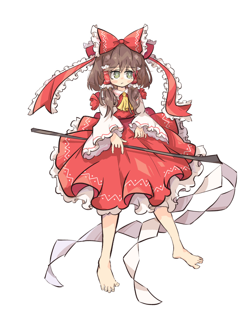 adapted_costume ascot barefoot black_hair blush bow brown_eyes closed_mouth dress frilled_bow frilled_dress frilled_hair_tubes frills full_body gohei hair_bow hair_tubes hakurei_reimu highres holding holding_gohei large_bow layered_dress long_sleeves medium_hair pleated_dress primsla red_bow red_dress sidelocks simple_background touhou white_background white_dress wide_sleeves yellow_ascot