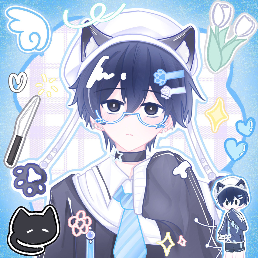 1boy adapted_costume animal animal_ear_fluff animal_ears animal_hat arm_at_side bespectacled black_cat black_choker black_eyes black_hair black_sweater blue_border blue_necktie blush border bright_pupils cat cat_ears cat_hat chibi chibi_inset choker closed_mouth collared_shirt commentary cross cross_earrings double-parted_bangs earrings expressionless fake_animal_ears flower glasses hair_between_eyes hair_ornament hand_up hat heart highres jewelry knife long_sleeves looking_at_viewer male_focus mewo mohan776458461 necktie omori outline outside_border pale_skin plaid_background puffy_long_sleeves puffy_sleeves round_eyewear semi-rimless_eyewear shirt short_hair simple_background sleeves_past_fingers sleeves_past_wrists solo sparkle star_(symbol) straight-on striped_clothes sunny_(omori) sweater symbol-only_commentary tulip upper_body upturned_eyes vertical-striped_clothes vertical-striped_necktie very_short_hair white-framed_eyewear white_background white_flower white_hat white_outline white_pupils white_shirt white_tulip