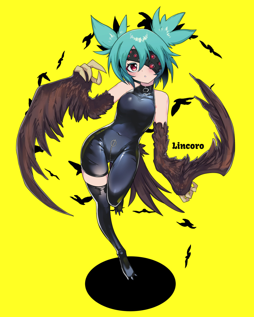 1girl absurdres aqua_hair asymmetrical_clothes bodysuit character_name claws collarbone commission crotch_zipper eyepatch feathered_wings full_body harpy highres indie_virtual_youtuber lincoro looking_at_viewer monster_girl pixiv_commission red_eyes ryuu_tou short_twintails single_pantsleg single_thighhigh skin_tight sleeveless solo thigh-highs twintails winged_arms wings yellow_background zipper
