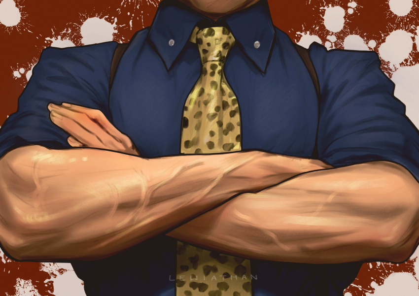 1boy blue_shirt collared_shirt crossed_arms head_out_of_frame highres jujutsu_kaisen lewiathans male_focus nanami_kento necktie shirt solo upper_body veins veiny_arms yellow_necktie