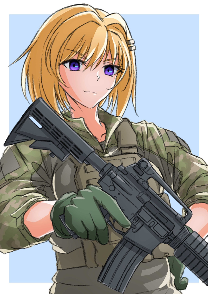 blonde_hair body_armor camouflage ellen_aice gloves gun hair_ornament highres holding holding_gun holding_weapon military_uniform muv-luv muv-luv:_dimensions muv-luv_alternative muv-luv_unlimited:_the_day_after twogo uniform violet_eyes weapon