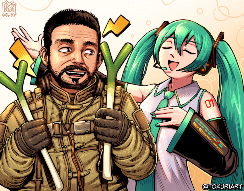 1boy 1girl beard black_gloves black_hair black_sleeves blue_hair blue_necktie closed_eyes collared_shirt commentary crossover detached_sleeves english_commentary facial_hair food gloves green_jacket grey_shirt hatsune_miku headphones headphones_around_neck headset highres holding holding_food holding_spring_onion holding_vegetable jacket long_hair looking_at_another necktie open_mouth richter_(stalker) shirt short_hair sleeveless sleeveless_shirt smile spring_onion stalker_(game) stalker_2:_heart_of_chornobyl tokuriart twintails upper_body vegetable very_long_hair vocaloid