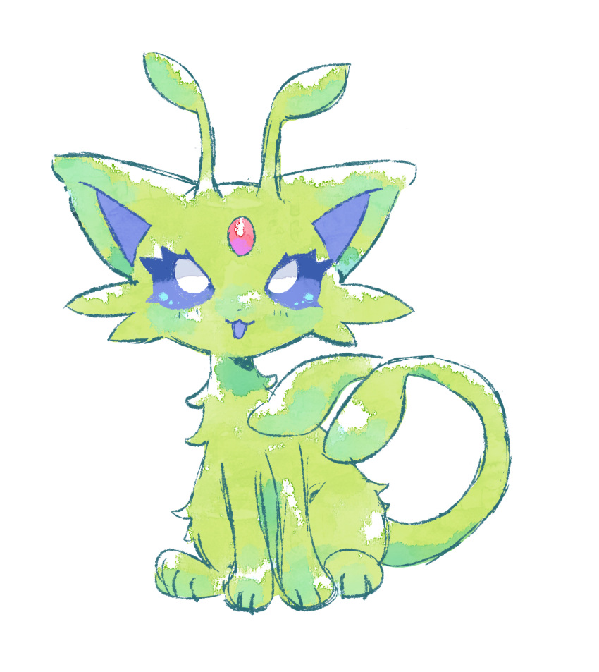 absurdres alien alternate_color bright_pupils commentary english_commentary espeon full_body highres looking_at_viewer miyeaow neopets no_humans open_mouth pokemon pokemon_(creature) shiny_pokemon simple_background smile solo white_background white_pupils