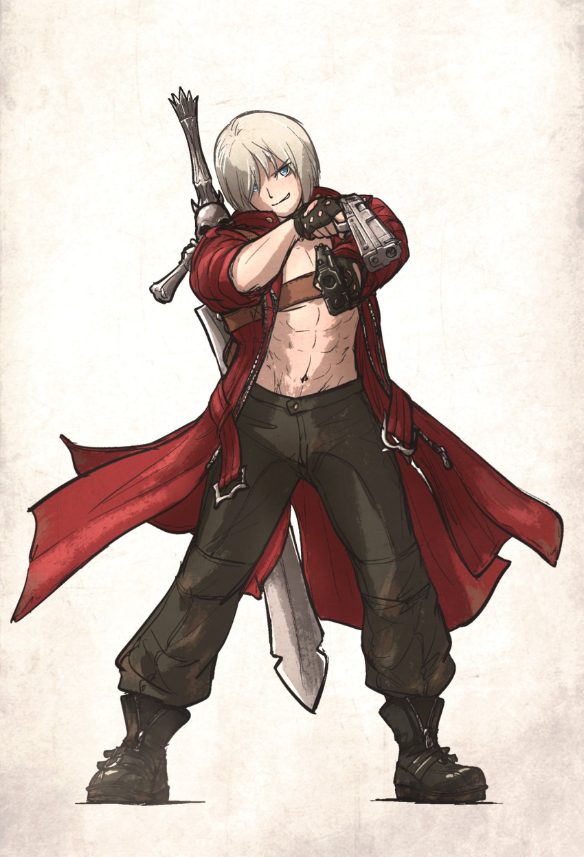 ankle_boots bare_pectorals black_gloves blue_eyes boots coat dante_(devil_may_cry) devil_may_cry_(series) devil_may_cry_3 dual_wielding ebony_&amp;_ivory fingerless_gloves gloves gun handgun highres holding holding_gun holding_weapon ironlily long_coat muscular muscular_male open_clothes open_coat pants pectorals rebellion_(sword) red_coat smirk sword sword_on_back weapon weapon_on_back white_hair
