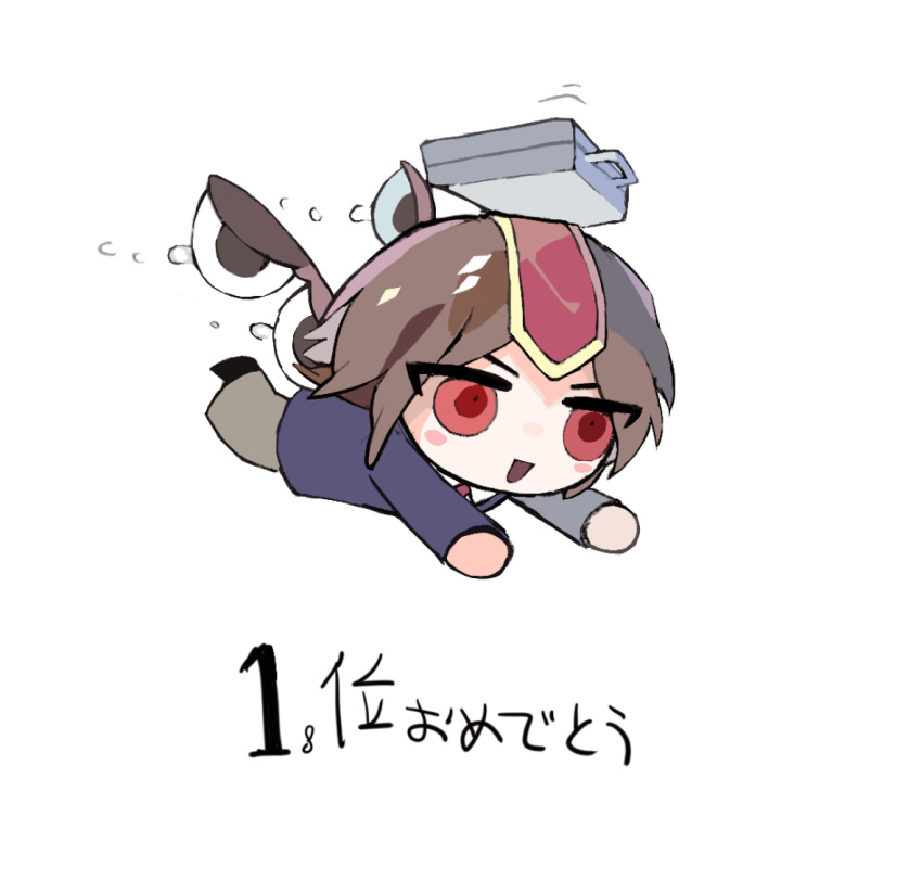 1other androgynous blue_jacket blush_stickers briefcase brown_hair brown_pants chibi collared_shirt commentary_request favnvs_(s910a_ib6) flying headpiece jacket kokutenshi_hibaru len'en necktie object_on_head open_mouth other_focus pants red_eyes red_headwear red_necktie shirt short_hair simple_background smile solo translation_request v-shaped_eyebrows white_background white_shirt wings