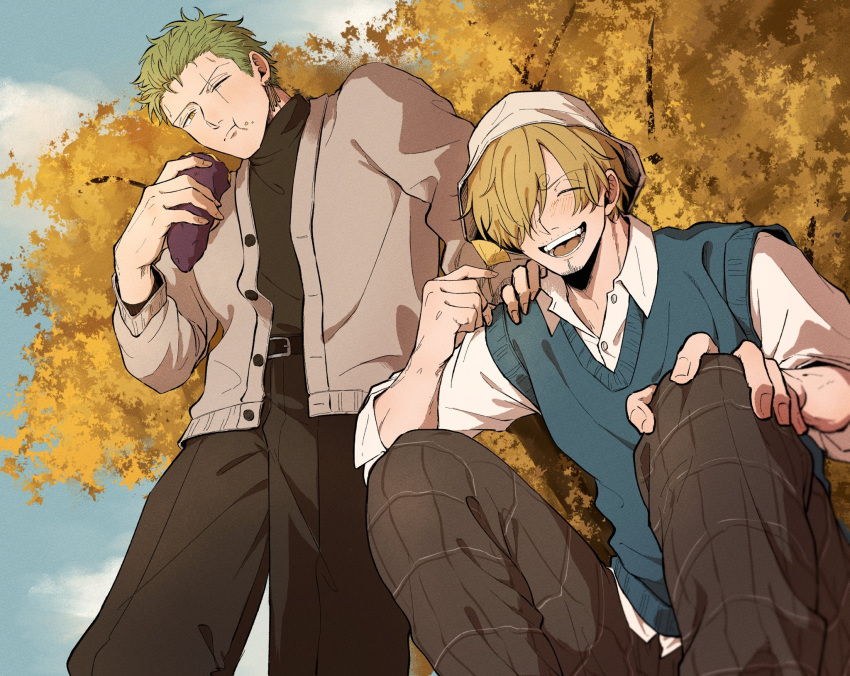 2boys alternate_costume autumn_leaves belt black_pants blonde_hair blue_vest brown_cardigan bucket_hat cardigan casual chimaaa333 closed_eyes earrings eating facial_hair food food_on_face from_below green_hair hair_over_one_eye hand_on_another's_shoulder hand_on_own_knee hat highres holding holding_food holding_leaf jewelry leaf looking_at_viewer male_focus multiple_boys one_eye_closed one_piece open_cardigan open_clothes open_mouth pants roronoa_zoro sanji_(one_piece) scar scar_across_eye shirt shirt_tucked_in short_hair smile squatting striped striped_pants sweater sweet_potato turtleneck turtleneck_sweater vest white_shirt