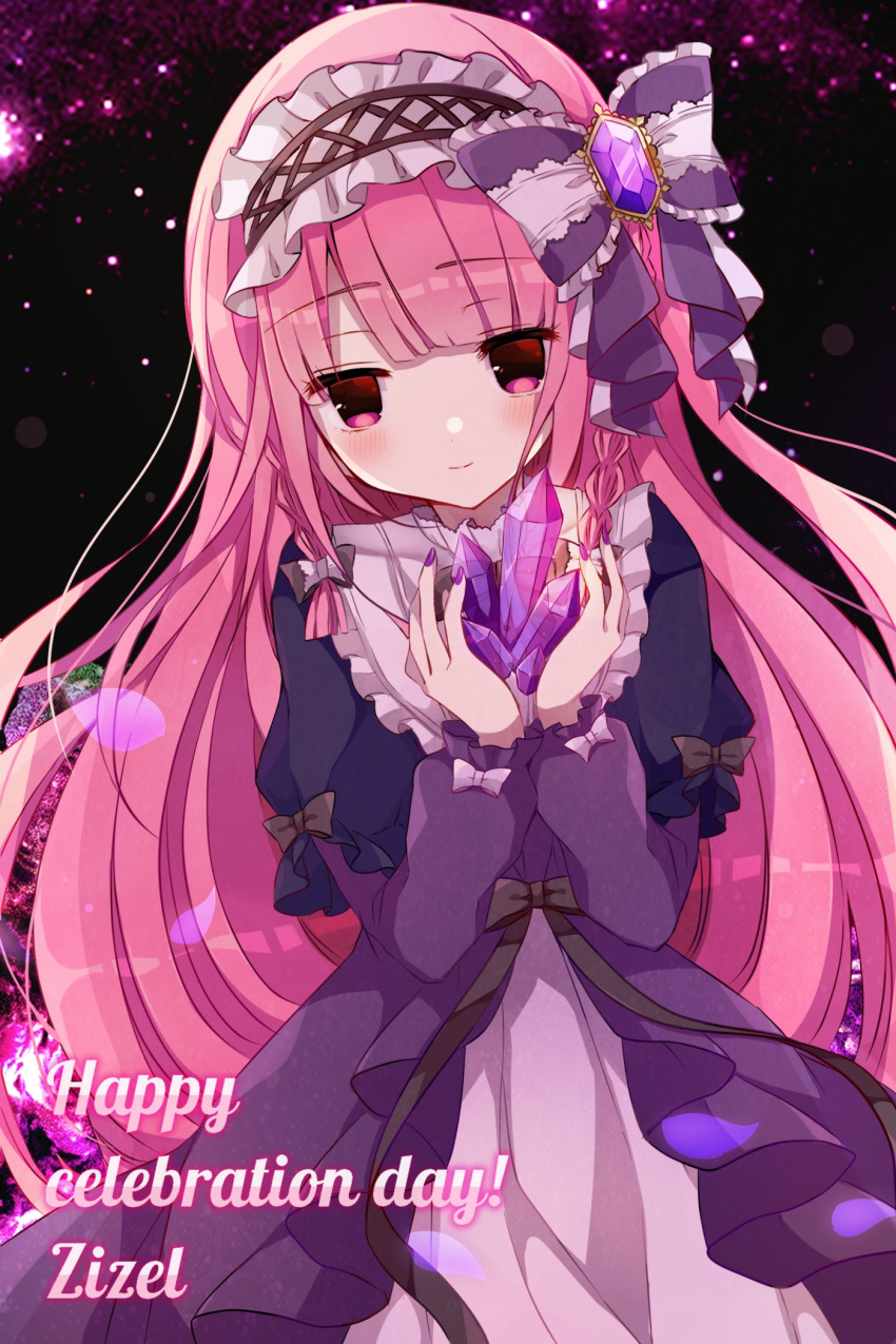 1girl alternate_costume black_background black_sleeves bluestar_iz blunt_bangs bow braid brown_bow character_name crystal dress feet_out_of_frame floral_background frilled_dress frills gem hair_bow hair_ribbon hairband happy_birthday highres holding holding_gem layered_sleeves lolita_hairband long_hair long_sleeves looking_at_viewer nail_polish pink_eyes pink_hair purple_bow purple_dress purple_gemstone purple_nails ribbon rose_background short_over_long_sleeves short_sleeves side_braids smile tress_ribbon waist_bow witch's_heart zizel_(witch's_heart)