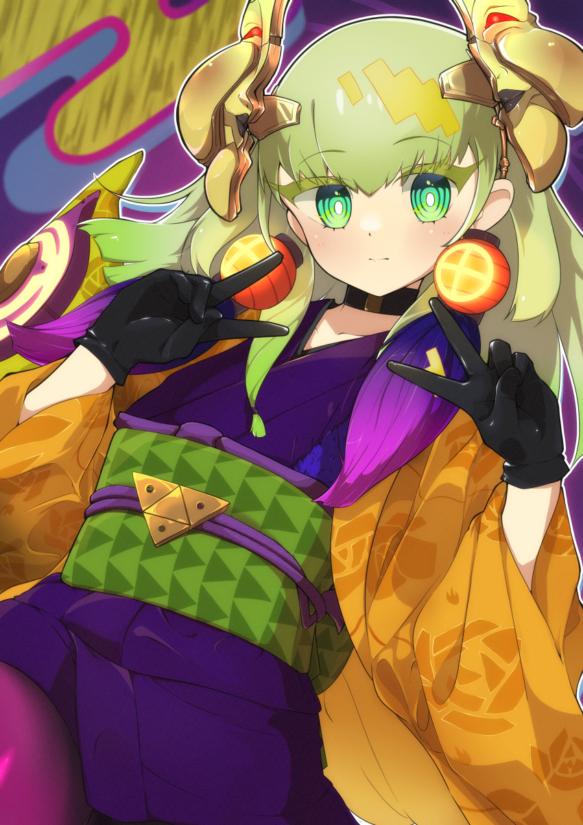 1other absurdres androgynous blonde_hair double_v duel_monster ear_ornament earrings fake_horns gloves green_eyes green_hair highres horns japanese_clothes jewelry kimono long_sleeves looking_at_viewer noh-p.u.n.k._ze_amin pantyhose purple_pantyhose short_kimono solo ura_suka_nd v very_long_sleeves yu-gi-oh!