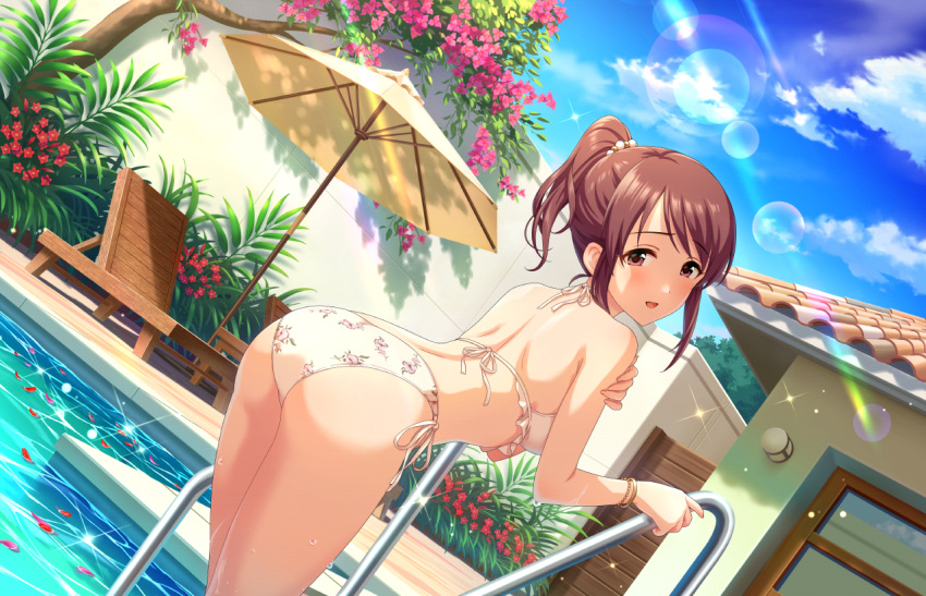1girl ass back bare_arms beach_umbrella bikini blue_sky blush bracelet breasts brown_eyes brown_hair chair cloud day idolmaster idolmaster_cinderella_girls idolmaster_cinderella_girls_starlight_stage jewelry long_hair looking_at_viewer lounge_chair mifune_miyu official_art open_mouth outdoors ponytail pool pool_ladder poolside ribbon side-tie_bikini_bottom sidelocks sky smile solo swimsuit umbrella water wet