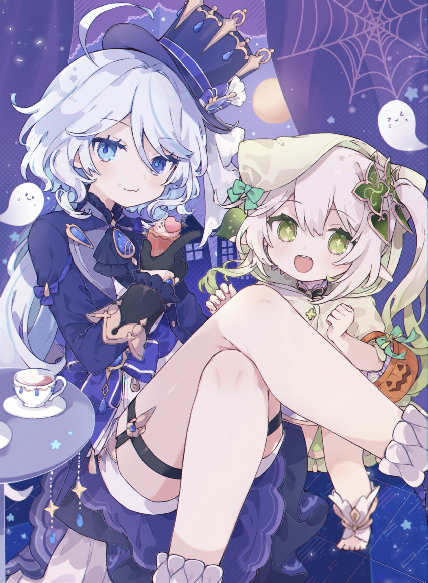 2girls :d alternate_costume blue_eyes blush bow crescent_moon cup fang full_moon furina_(genshin_impact) genshin_impact green_bow green_eyes hair_between_eyes hair_ornament halloween hat highres hisui_itame looking_at_viewer mini_hat mini_top_hat moon multiple_girls nahida_(genshin_impact) night night_sky open_mouth pointy_ears shorts silk sky sleeves_past_wrists smile spider_web star_(sky) star_(symbol) starry_sky teacup teapot top_hat white_hair