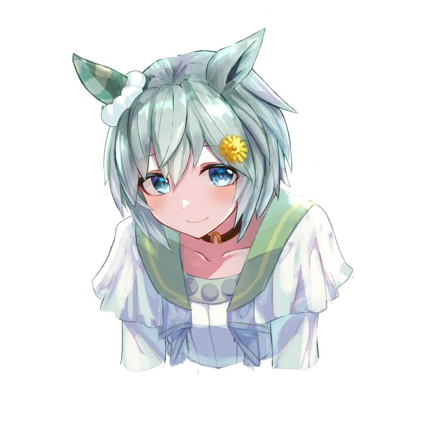 1girl animal_ears blue_eyes blush choker commentary_request commission ear_covers flower frilled_shirt frills green_sailor_collar hair_flower hair_ornament hairclip highres horse_ears horse_girl layered_shirt layered_sleeves long_sleeves looking_at_viewer partial_commentary pixiv_commission rakasei5050 red_choker sailor_collar see-through see-through_sleeves seiun_sky_(umamusume) shirt short_hair simple_background single_ear_cover smile solo sunflower sunflower_hair_ornament umamusume upper_body white_background white_shirt