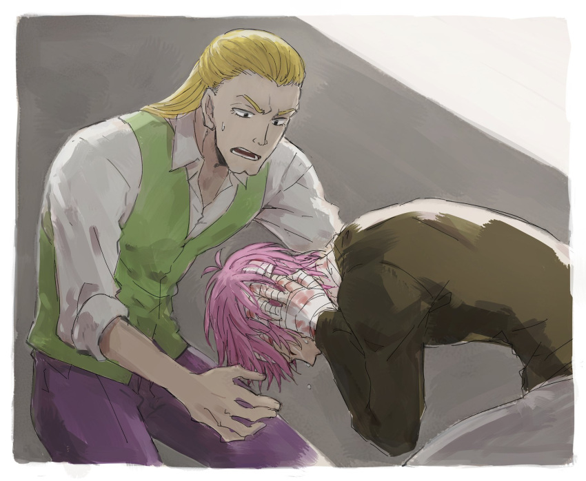2boys bandaged_hand bandaged_head bandages blonde_hair covering_own_ears crying feet_out_of_frame hands_on_own_head headache helmeppo highres koby_(one_piece) leaning_back male_focus mocchi_(mkz) multiple_boys one_piece pink_hair sanpaku shirt short_hair tears vest worried