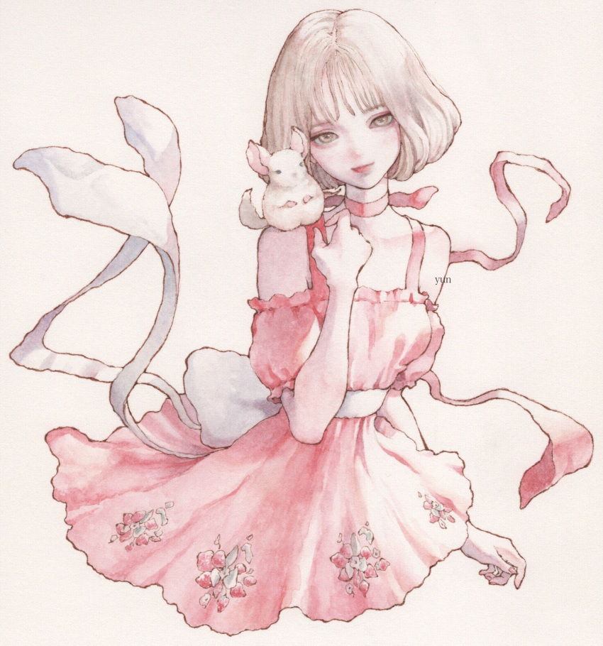 12yun30 1girl animal_on_shoulder back_bow bare_shoulders bow choker cropped_legs dress grey_eyes grey_hair highres looking_at_viewer original painting_(medium) pink_dress pink_ribbon ribbon ribbon_choker short_hair simple_background smile solo traditional_media watercolor_(medium) white_bow