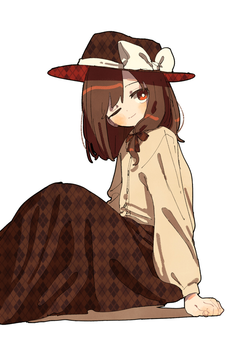 1girl bow brown_eyes brown_hair brown_headwear brown_skirt buttons closed_mouth hat hat_bow highres long_sleeves medium_hair nama_udon one_eye_closed puffy_long_sleeves puffy_sleeves shirt simple_background sitting skirt solo touhou usami_renko white_background white_bow yellow_shirt