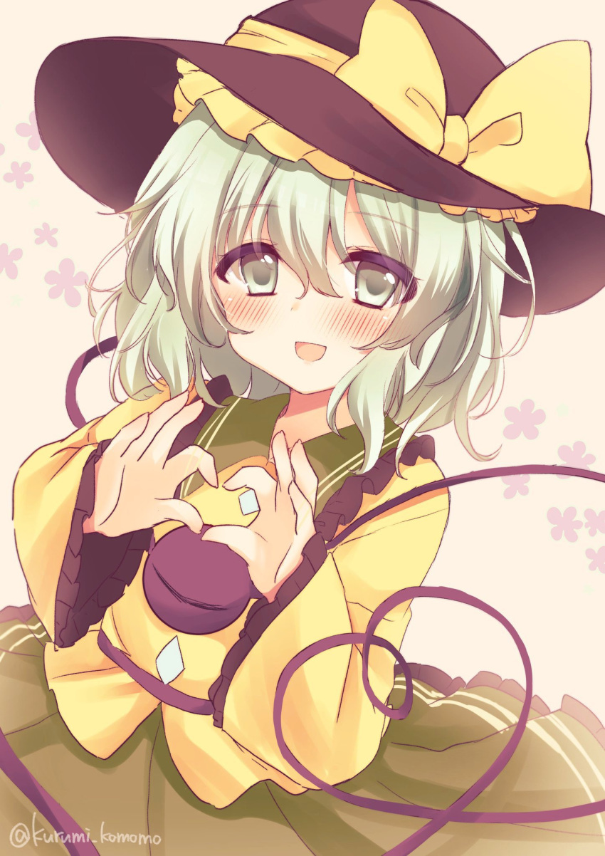 1girl :d black_headwear blush bow buttons collar commentary_request cowboy_shot diamond_button eyes_visible_through_hair frilled_shirt_collar frilled_sleeves frills green_collar green_eyes green_hair hair_between_eyes hands_up hat hat_bow heart heart_hands heart_of_string highres koishi_day komeiji_koishi kurumi_komomo long_sleeves looking_at_viewer medium_hair open_mouth pink_background shirt simple_background smile solo third_eye touhou twitter_username wavy_hair wide_sleeves yellow_bow yellow_shirt