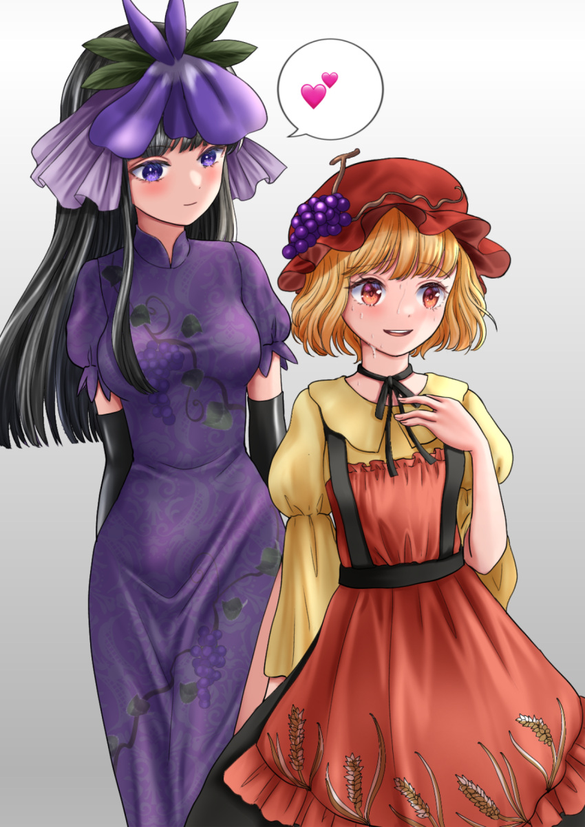 2girls aki_minoriko apron black_gloves black_hair blonde_hair dress elbow_gloves flower flower_on_head gloves grape_hat_ornament grape_print hat height_difference highres kyabekko looking_at_another looking_down looking_to_the_side mob_cap multiple_girls orchid plant_print purple_dress red_apron red_headwear shirt smile touhou violet_eyes yellow_shirt yomotsu_hisami yuri