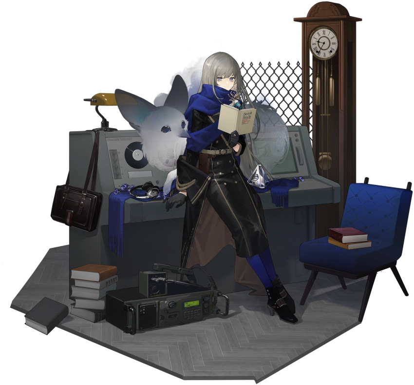1girl belt bkornblume black_coat black_footwear black_gloves black_skirt blue_pantyhose blue_scarf book book_stack boots brown_bag chain-link_fence chair clock closed_mouth coat fence gloves grandfather_clock grey_hair highres holding holding_book lamp long_hair looking_at_viewer military_uniform official_art pantyhose phone radio radio_booth reverse:1999 scarf sitting skirt smile solo third-party_source uniform very_long_hair