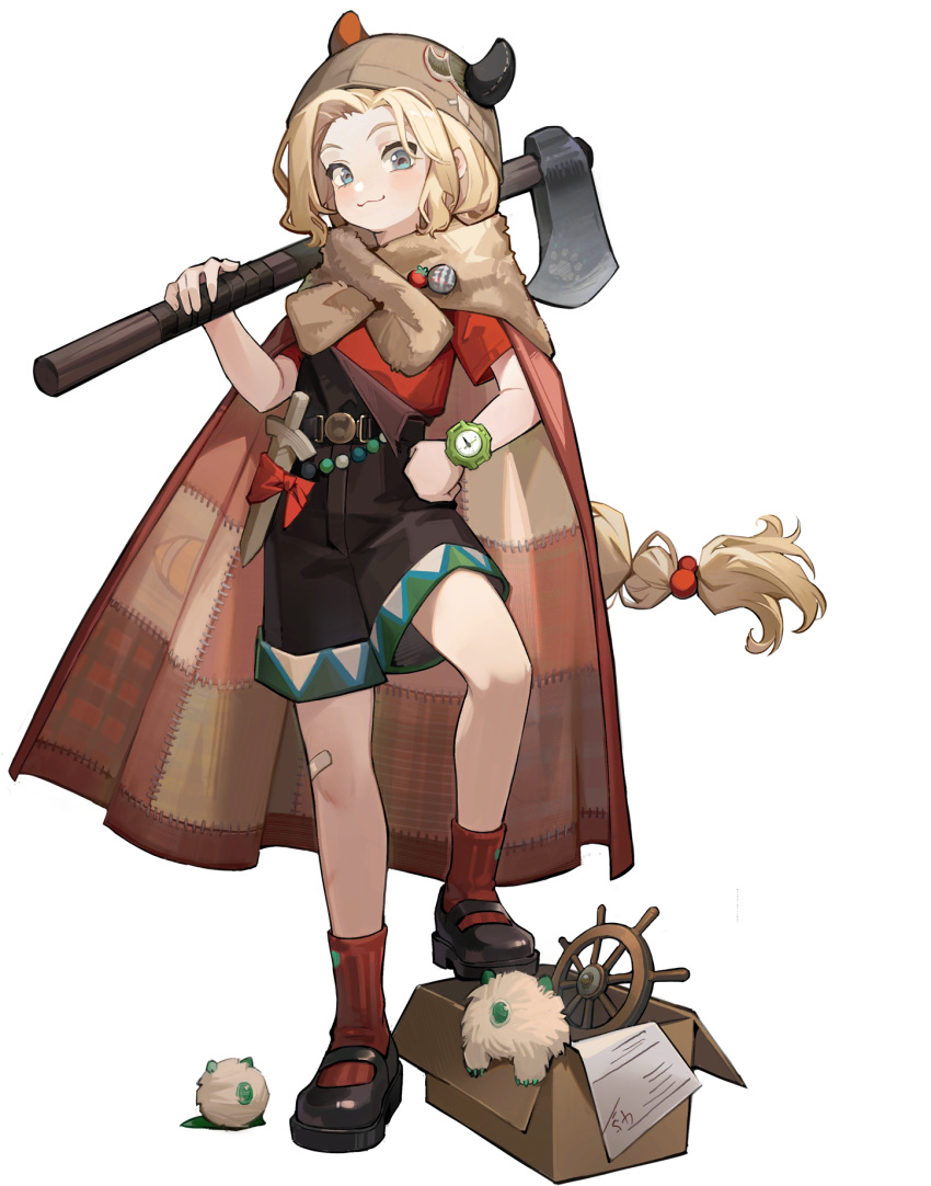 1girl :3 axe black_shirt black_shorts blonde_hair blue_eyes box braid braided_ponytail cape cardboard_box closed_mouth erick_(reverse:1999) fake_horns helmet highres holding holding_axe horned_helmet horns long_hair looking_at_viewer official_art red_cape red_shirt red_socks reverse:1999 shirt short_sleeves shorts smile socks solo standing steering_wheel tachi-e third-party_source transparent_background very_long_hair
