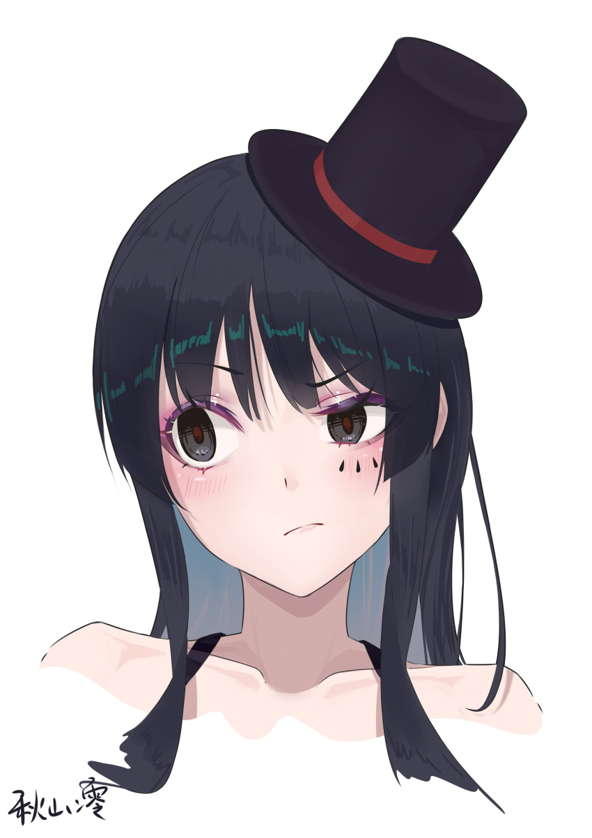 1girl absurdres akiyama_mio black_eyes black_hair black_headwear blush closed_mouth collarbone don't_say_"lazy" hat highres k-on! long_hair manzaak mini_hat mini_top_hat official_alternate_costume portrait simple_background solo top_hat translation_request white_background