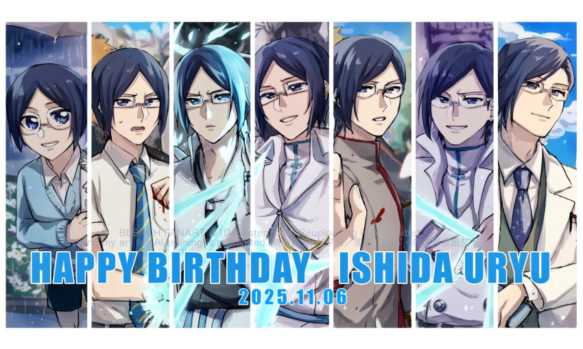 1046sstep_btoh age_progression aged_down black_hair bleach bleach:_epilogue bleach:_sennen_kessen-hen blood blood_on_clothes blood_on_hands blue_eyes blue_necktie bow_(weapon) cape character_name coat collared_cape commentary_request dated glasses happy_birthday ishida_uryuu karakura_high_school_uniform lab_coat necktie school_uniform wandenreich_uniform watermark weapon white_cape white_coat