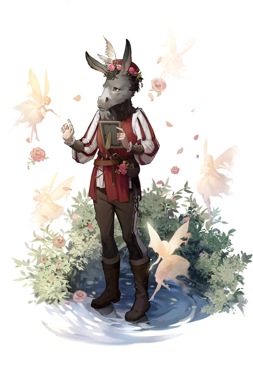 1boy animal_head black_pants boots brown_footwear brown_hair bush donkey fairy falling_petals flower full_body hat head_wreath highres holding_picture jacket lake long_sleeves nick_bottom_(reverse:1999) official_art pants petals pink_flower red_headwear red_jacket reverse:1999 shirt sleeveless sleeveless_jacket solo_focus standing striped_sleeves tachi-e third-party_source transparent_background water white_shirt