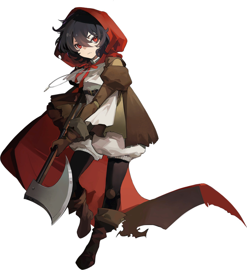 1girl axe black_hair black_pantyhose boots brown_coat bullet cape closed_mouth coat full_body highres holding holding_axe hood hood_up hooded_cape jewelry juliet_sleeves knee_pads long_sleeves looking_at_viewer mondlicht_(reverse:1999) neck_ribbon necklace official_art pantyhose puffy_sleeves red_cape red_eyes red_ribbon reverse:1999 ribbon shirt short_hair solo standing tachi-e third-party_source transparent_background white_shirt