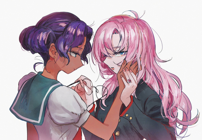 2girls black_jacket blue_eyes closed_mouth commentary dark-skinned_female dark_skin earrings english_commentary glasses green_eyes green_sailor_collar hand_on_another's_cheek hand_on_another's_face hand_on_another's_hand hands_up highres himemiya_anthy holding holding_removed_eyewear jacket jewelry long_hair long_sleeves looking_at_another looking_to_the_side multiple_girls ootori_gakuen_school_uniform pink_hair profile puffy_short_sleeves puffy_sleeves purple_hair ring sailor_collar school_uniform shirt short_hair short_sleeves shoujo_kakumei_utena simple_background tenjou_utena unworn_eyewear upper_body white_background white_shirt zinbei