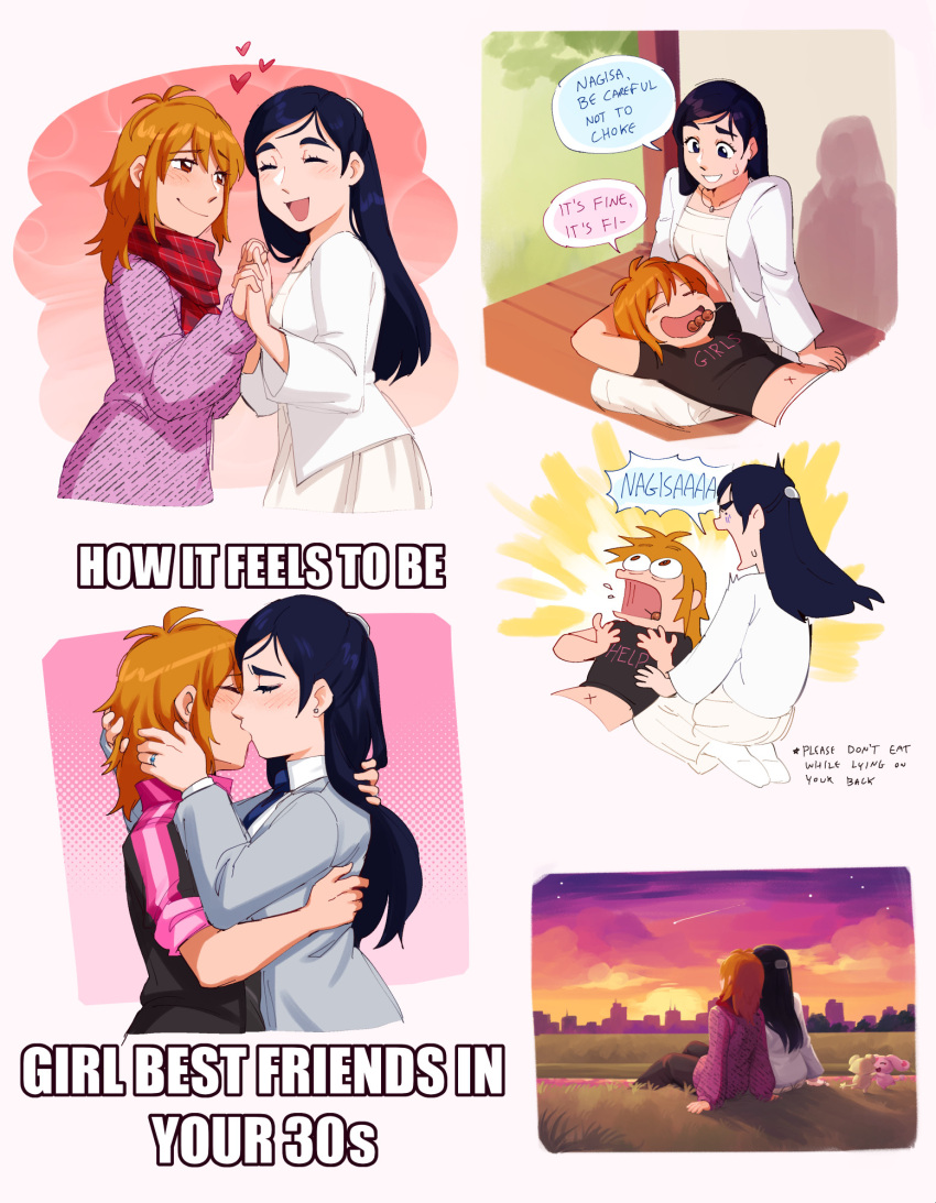 2girls aged_up arms_behind_head asphyxiation black_shirt blue_eyes blue_hair blue_necktie choking_on_object collared_shirt commentary dango english_commentary english_text food frogbians futari_wa_precure grey_shirt grin highres holding_hands jewelry lap_pillow mepple mipple misumi_nagisa multiple_girls navel necktie orange_eyes orange_hair precure purple_sweater red_scarf ring scarf shirt sitting smile sunset sweatdrop sweater teeth wagashi white_shirt x_navel yukishiro_honoka yuri