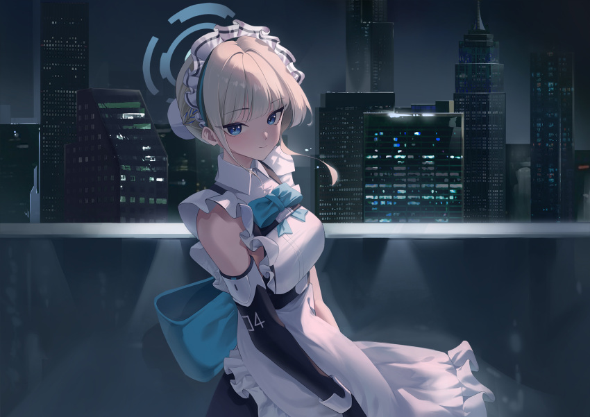 1girl apron blonde_hair blue_archive blue_bow blue_bowtie blue_eyes blue_hair blush bow bowtie braid breasts building bun_cover closed_mouth frilled_apron frills hair_bun highres looking_at_viewer maid maid_apron maid_headdress medium_breasts multicolored_hair night outdoors revision short_hair smile solo streaked_hair toki_(blue_archive) upper_body white_apron winterflower
