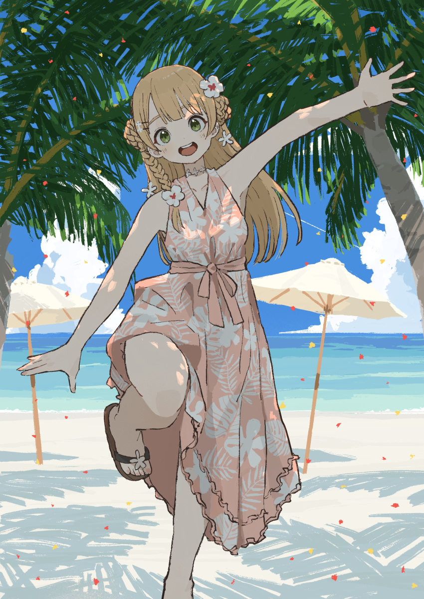 1girl absurdres beach beach_umbrella blonde_hair blush braid canty! coconut_tree commentary_request commission dappled_sunlight day dress floral_print flower green_eyes hair_flower hair_ornament hairclip highres leaf_print leg_up long_hair looking_at_viewer ocean open_mouth original outdoors outstretched_arms outstretched_hand palm_tree sandals skeb_commission sky sleeveless sleeveless_dress solo standing straight-on summer sunlight teeth toenails toes tree tree_shade twin_braids umbrella upper_teeth_only watermark white_flower