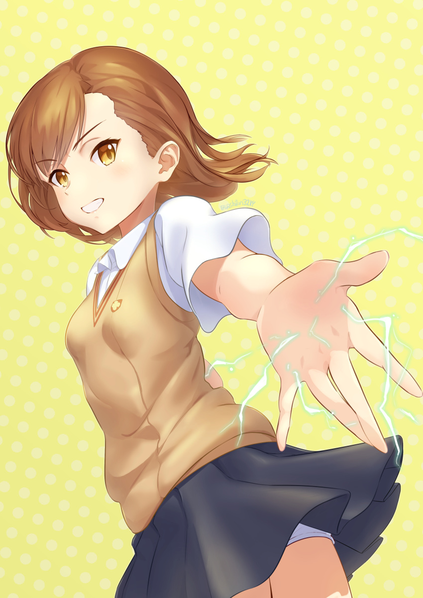 1girl absurdres artist_name breasts brown_eyes brown_hair brown_sweater_vest collared_shirt electricity grey_skirt highres looking_at_viewer medium_hair misaka_mikoto outstretched_arm outstretched_hand parted_lips pleated_skirt polka_dot polka_dot_background school_emblem school_uniform shirt short_shorts short_sleeves shorts shorts_under_skirt skirt small_breasts smile solo summer_uniform sweater_vest toaru_kagaku_no_railgun toaru_majutsu_no_index tokiwadai_school_uniform upsilon3219 white_shirt white_shorts yellow_background