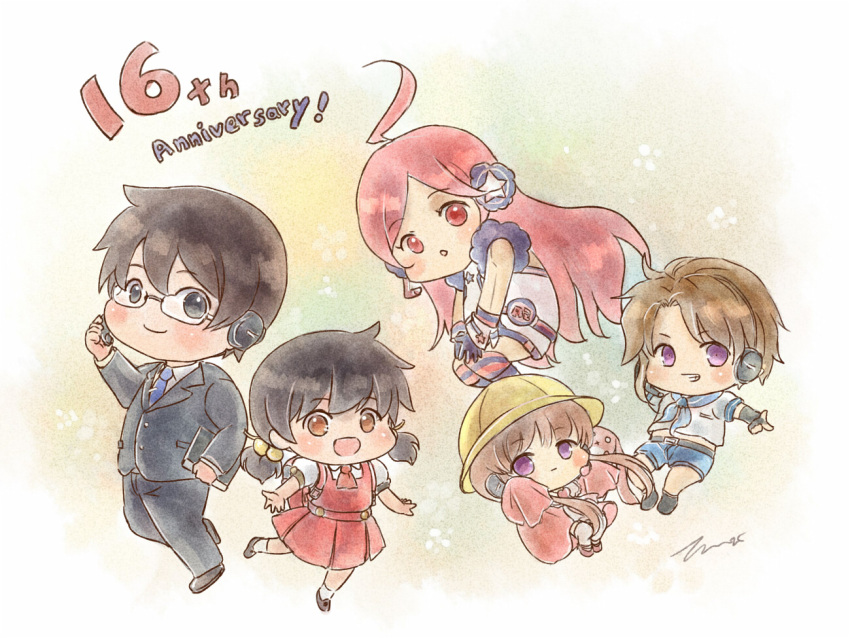2boys 3girls ahoge anniversary backpack bag black-framed_eyewear black_eyes black_gloves black_hair black_jacket black_pants black_shoes blue_necktie blue_sailor_collar blue_shorts blush brown_eyes brown_hair chibi chibi_only closed_mouth collared_shirt commentary_request dress full_body glasses gloves hat headphones hiyama_kiyoteru huge_ahoge jacket kaai_yuki multiple_boys multiple_girls necktie no_nose pants pink_shoes randoseru red_bag red_dress red_eyes red_hair red_necktie sailor_collar sf-a2_miki shirt shoes short_hair shorts signature sleeves_past_fingers sleeves_past_wrists smile star_(symbol) tenryuukou tsukuyomi_ai tsukuyomi_shouta twintails violet_eyes vocaloid voiceroid white_dress white_shirt yellow_hat