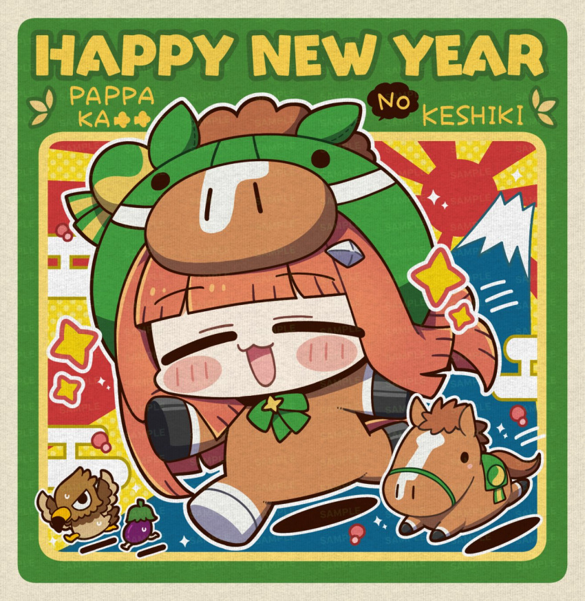 1girl :3 :d animal_costume bird blunt_bangs blush_stickers bow bowtie chibi chibi_only closed_eyes commentary_request eagle eggplant full_body green_bow green_bowtie highres horse_costume long_hair marimarimo open_mouth orange_hair outline silence_suzuka_(umamusume) smile solo sparkle umamusume white_outline