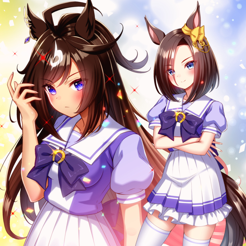 2girls ahoge air_groove_(umamusume) animal_ears blue_eyes blush bow bowtie brown_hair cowboy_shot crossed_legs duramente_(umamusume) frilled_skirt frills highres horse_ears horse_girl horse_tail horseshoe_ornament impossible_clothes impossible_shirt long_hair looking_at_viewer multicolored_hair multiple_girls pleated_skirt puffy_short_sleeves puffy_sleeves purple_bow purple_bowtie purple_serafuku purple_shirt sailor_collar sailor_shirt school_uniform serafuku shirt short_sleeves skirt smile streaked_hair sugimotty_nova tail tracen_school_uniform umamusume white_hair white_skirt