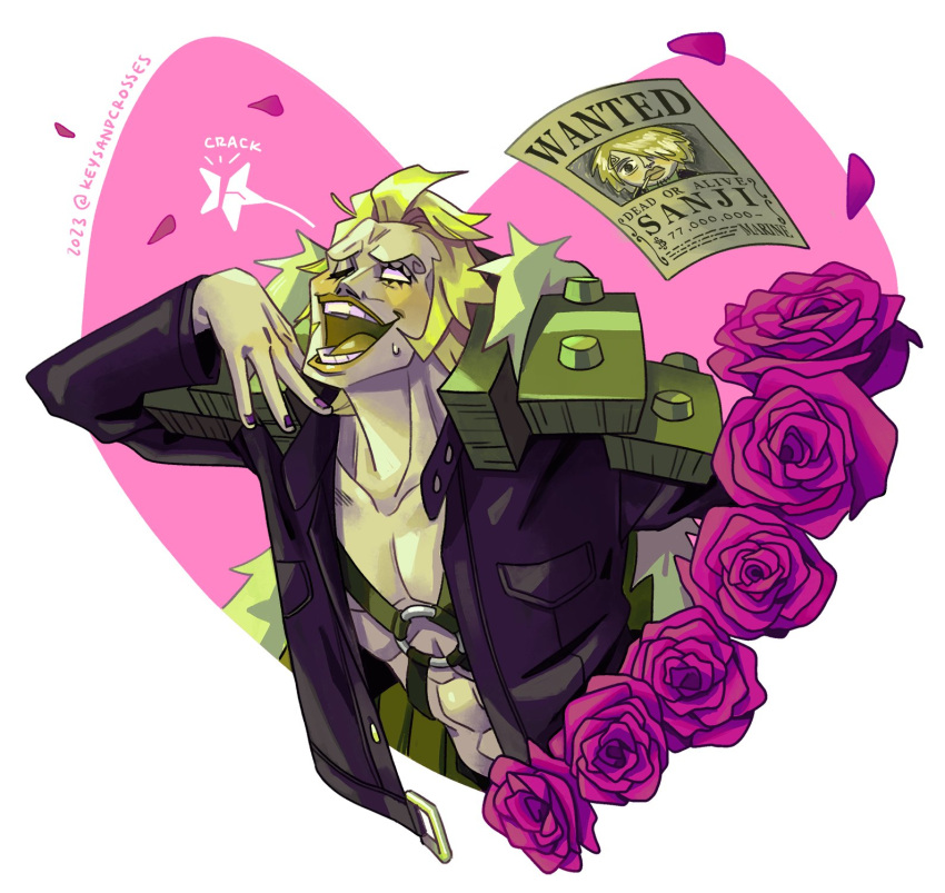 1boy abs blonde_hair blush cropped_torso duval empty_eyes eyelashes flower hand_up heart heart_background highres keysandcrosses limp_wrist male_focus mutton_chops nail_polish o-ring o-ring_top one_eye_closed one_piece open_mouth pectoral_cleavage pectorals petals rose sanji_(one_piece) short_hair solo sweatdrop toned toned_male wanted wink_star