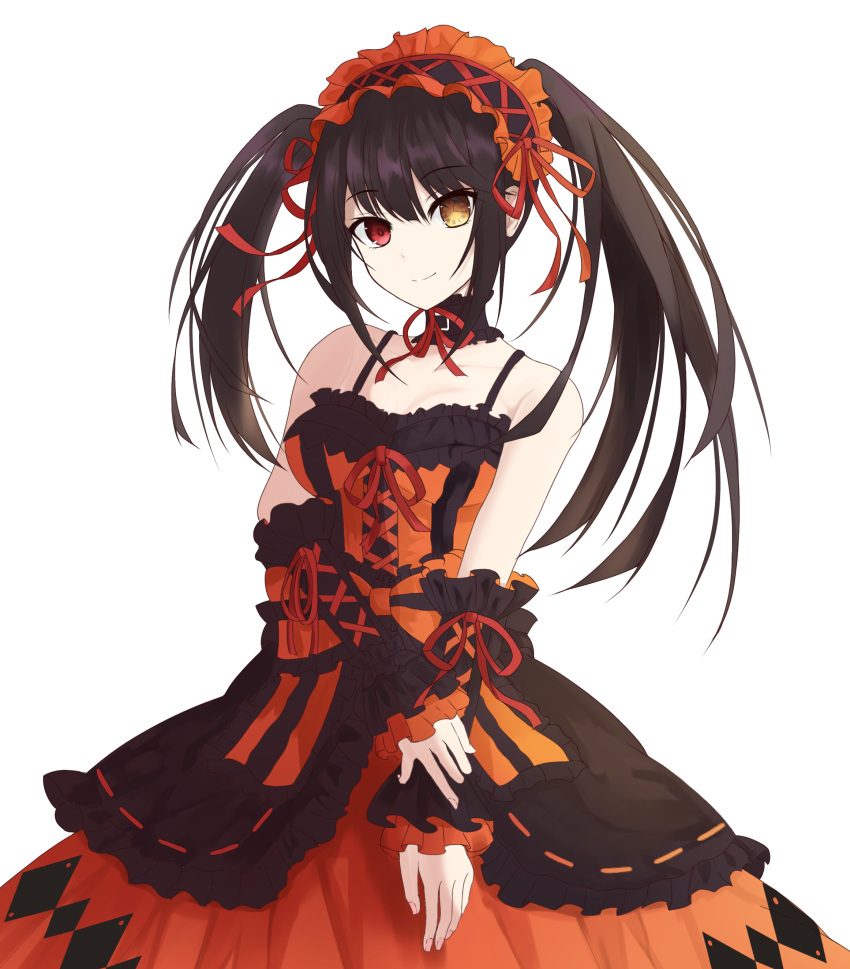 1girl absurdres bare_shoulders black_hair breasts clock_eyes date_a_live detached_sleeves dress hairband heterochromia highres light_smile lolita_fashion lolita_hairband looking_at_viewer medium_breasts red_dress red_eyes solo symbol-shaped_pupils tokisaki_kurumi tti_tti twintails two-tone_dress white_background