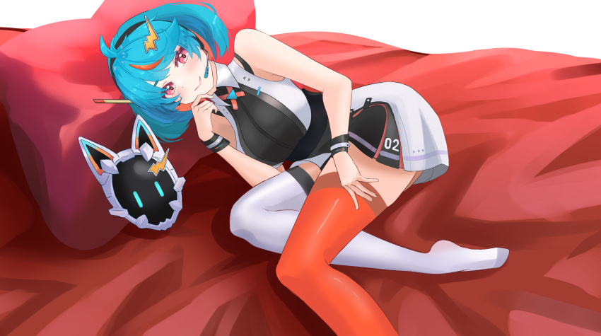 1girl absurdres ahoge asymmetrical_legwear bed belt black_skirt black_top blue_hair blush cat_mask esteban_(estebaneishon) futuristic_outfit hair_ornament hairclip headset highres indie_virtual_youtuber lightning_bolt_symbol looking_at_viewer lying mask michi_(vtuber) microphone mismatched_legwear multicolored_hair number_print on_bed pillow red_sheets short_hair skirt sleeveless sleeveless_turtleneck smile solo thigh-highs turtleneck virtual_youtuber