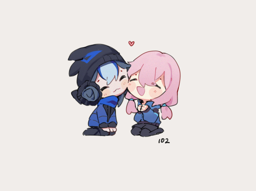 2girls :3 =_= arknights beanie black_headwear black_pantyhose black_shorts blue_hair blue_jacket blue_poison_(arknights) blush cheek-to-cheek chibi closed_mouth couple dailybloopy double_bun glaucus_(arknights) grey_background hair_between_eyes hair_bun hat heads_together heart hood hooded_jacket jacket light_blue_hair long_hair long_sleeves low_twintails multiple_girls open_mouth pantyhose pantyhose_under_shorts pink_hair seiza shorts sidelocks simple_background sitting smile twintails yuri