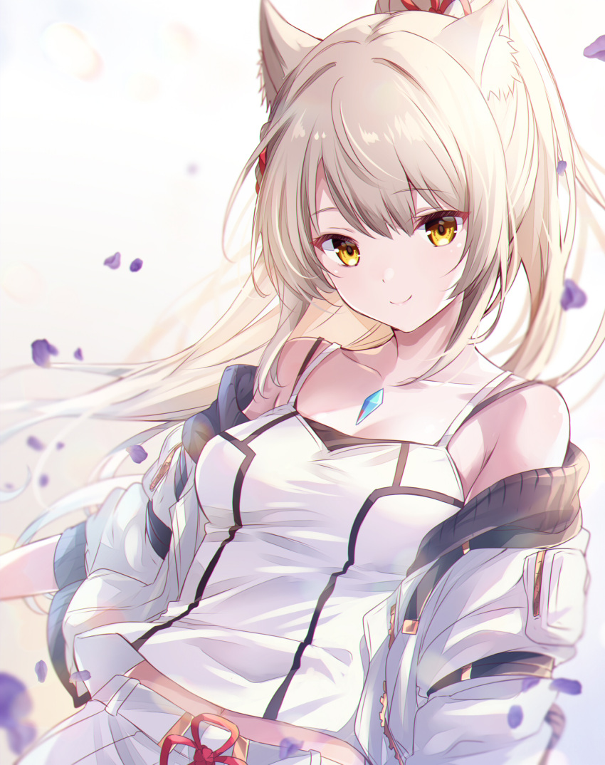 1girl animal_ears cat_ears chest_jewel grey_hair highres jacket long_hair looking_at_viewer mio_(xenoblade) simple_background skirt smile solo tank_top ui_frara white_jacket white_skirt white_tank_top xenoblade_chronicles_(series) xenoblade_chronicles_3 yellow_eyes