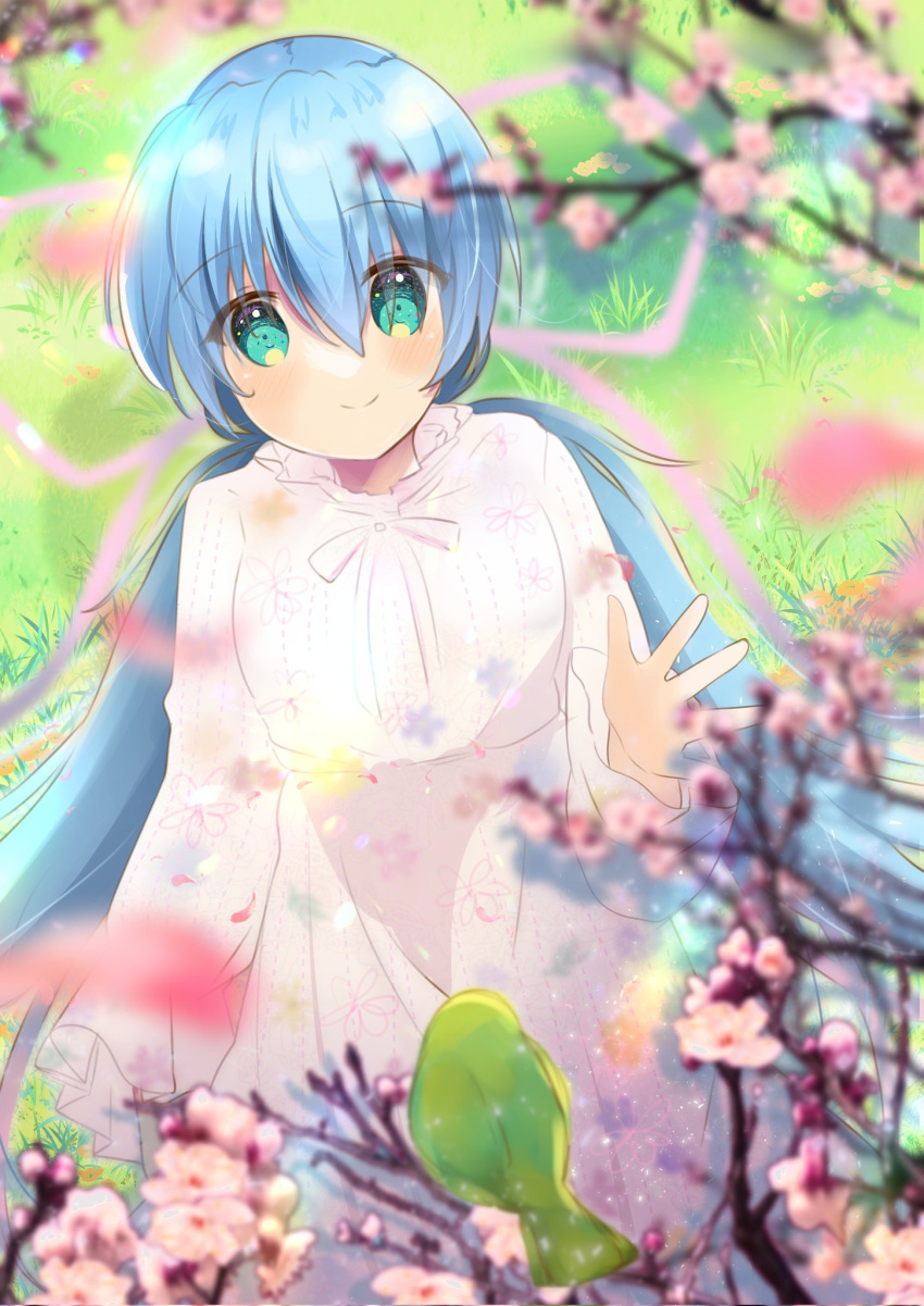 1girl alternate_costume bird bird_request blue_hair blurry blush branch cherry_blossoms closed_mouth commentary_request commission cowboy_shot day depth_of_field dress eyelashes eyes_visible_through_hair falling_petals floral_print from_above grass green_bird green_eyes hair_between_eyes hair_ribbon hand_up highres hoshino_yumemi light_particles long_dress long_hair long_sleeves looking_at_animal looking_at_viewer low_twintails nature neck_ribbon outdoors petals pink_ribbon planetarian ribbon second-party_source skeb_commission smile solo standing tareme twintails ura_(ura-tennislove) very_long_hair waving white_dress white_ribbon wide_sleeves