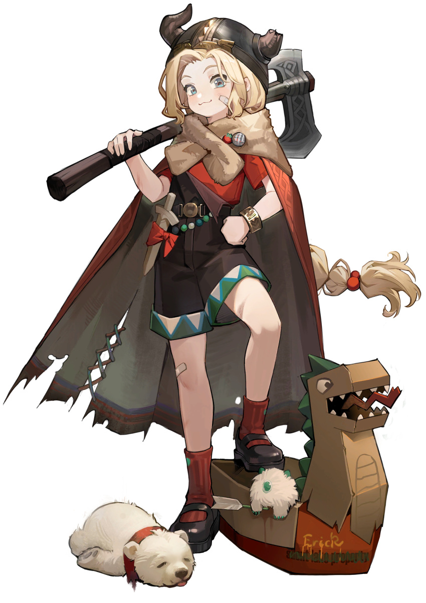 1girl :3 axe bear black_shorts bracelet brown_scarf cape cardboard character_name closed_mouth dagger erick_(reverse:1999) fake_horns helmet highres holding holding_axe horned_headwear horned_helmet horns jewelry knife looking_at_viewer official_art overall_shorts overalls polar_bear red_cape red_shirt reverse:1999 scarf shirt short_sleeves shorts smile solo standing tachi-e third-party_source transparent_background weapon
