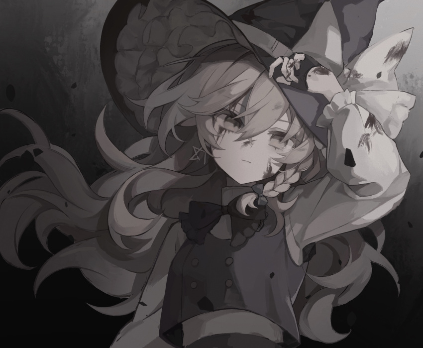1girl blood blood_on_clothes blood_on_hands bow braid closed_mouth fingerless_gloves gloves hair_between_eyes hat hat_bow highres kirisame_marisa long_hair monochrome purple_hair rcs_4 shirt single_braid solo touhou upper_body vest witch_hat
