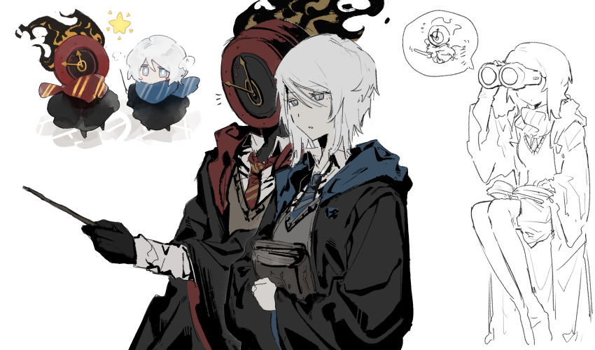 1girl 1other binoculars black_coat black_gloves blue_necktie blue_scarf chinese_commentary clock coat collared_shirt commentary_request crossover dante_(limbus_company) dated_commentary diagonal-striped_clothes diagonal-striped_necktie faust_(project_moon) flaming_head gloves grey_sweater_vest gryffindor highres hogwarts_school_uniform ivy_(675671) limbus_company necktie object_head project_moon ravenclaw red_necktie red_scarf scarf school_uniform shirt star_(symbol) striped_clothes sweater_vest white_background white_shirt wizarding_world