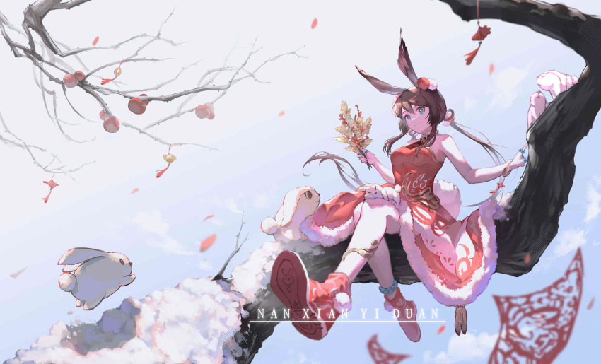 1girl alternate_costume amiya_(arknights) animal_ears arknights artist_name bare_tree blue_eyes blue_sky brown_hair chinese_commentary clothing_request commentary_request dress full_body fur-trimmed_dress fur_trim highres holding jewelry multiple_rings nanxianyiduan outdoors rabbit_ears red_dress ring sidelocks sky snow solo tagme tree