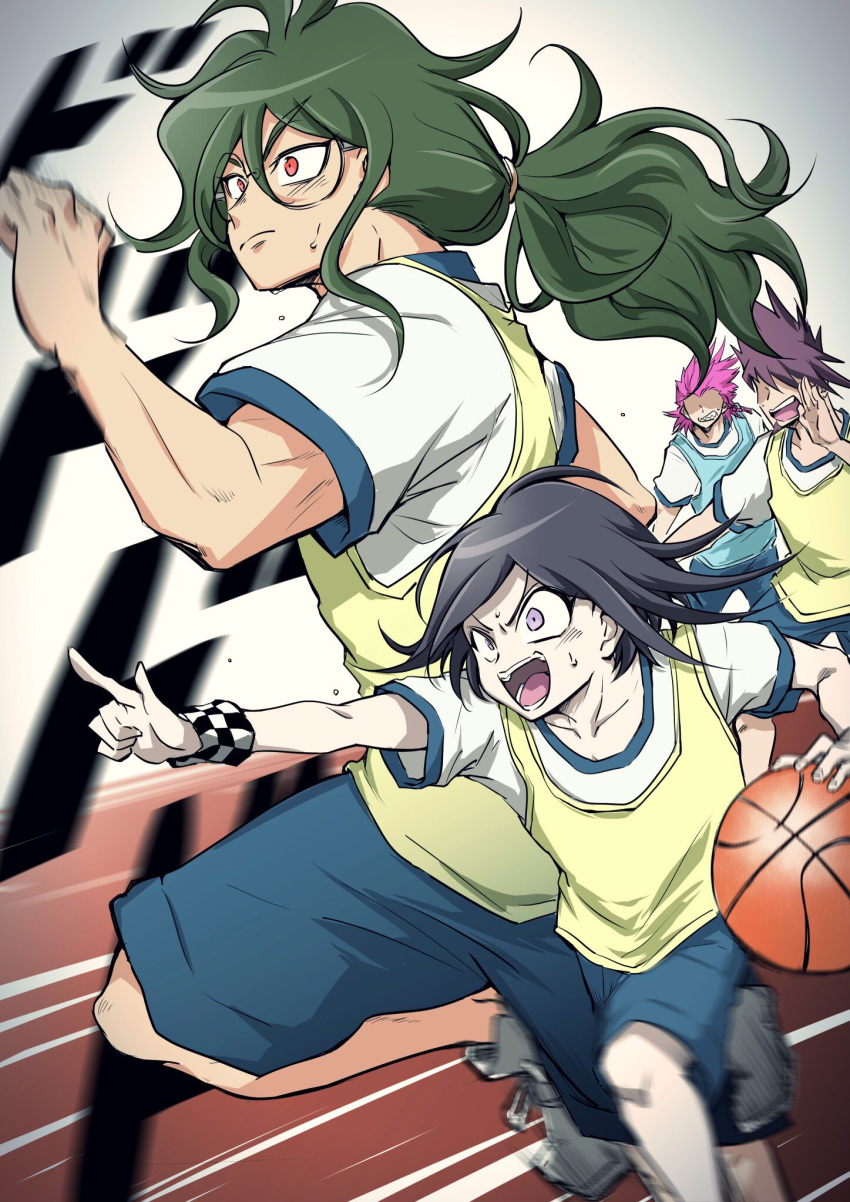 4boys alternate_costume ball basketball_(object) black_hair black_shorts checkered_wristband collarbone danganronpa_(series) danganronpa_2:_goodbye_despair danganronpa_v3:_killing_harmony facial_hair goatee gokuhara_gonta green_hair highres momota_kaito multiple_boys muscular muscular_male oma_kokichi pink_hair playing_sports ponytail running shachoo_(poco_poco) shirt short_hair shorts soda_kazuichi spiky_hair sportswear teeth white_background white_shirt yellow_shirt